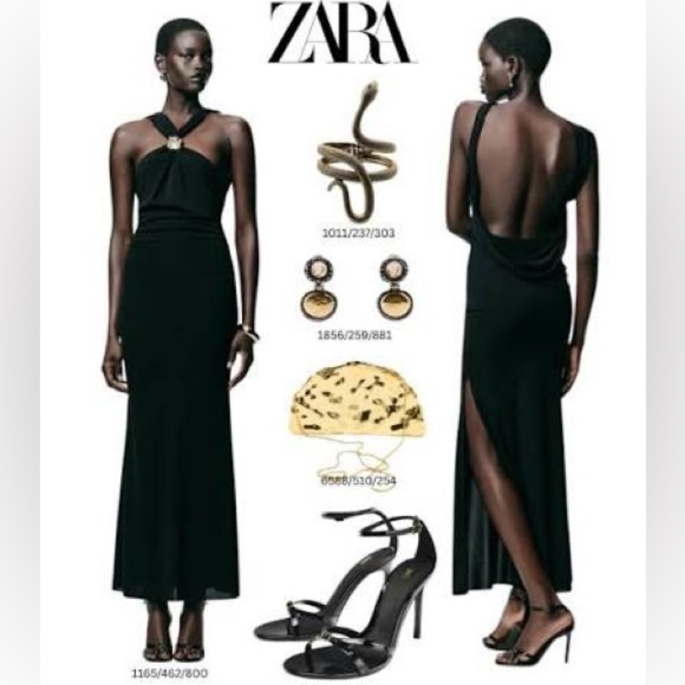Zara Black Fitted Wrap Midi Dress Gold Neck Detail Criss-cross Back Slit NWT S - Picture 1 of 16